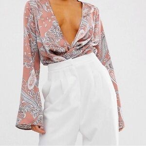 Missguided Paisley Print Drape Plunge Bodysuit Pink Silky New Sexy Blouse
